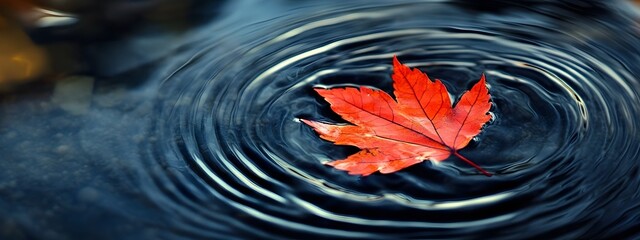 A red leaf floating on the water, with ripples spreading out from its center