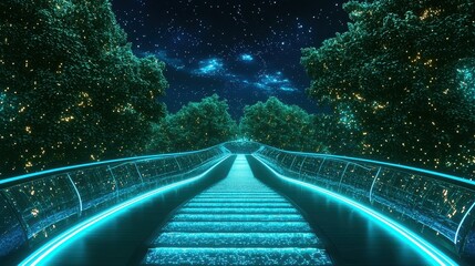 Wall Mural - Futuristic Glowing Bridge Pathway in a Night Sky with Stars