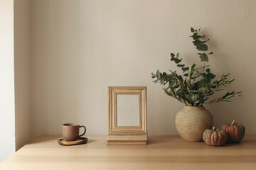 Wall Mural - Autumn interior still life. Vase with olive eucalyptus tree branches, pumpkins. Blank wooden photo frame mockup on table. Thanksgiving decor. Scandi interior. Cup of tea, coffee. Beige wall background