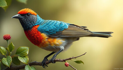 Wall Mural - A blue and orange bird with a white belly is perched on a branch