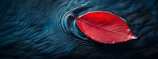 Wall Mural - A red leaf floating on the water, with ripples spreading out from its center