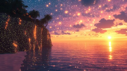 Wall Mural - Magical Sunset with Glowing Lights Over Tropical Island