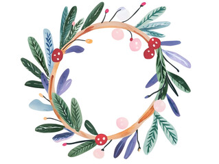 Wall Mural - A festive hand drawn Christmas wreath of lush pine branches adorned with glowing lights isolated on white background	