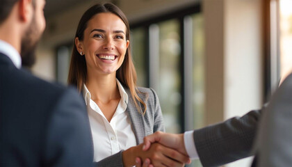 Wall Mural - Happy young professional business woman handshaking client at meeting, female hr recruiter at job interview, insurance agent, lawyer at contract deal, project deal 