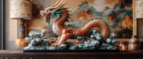 A detailed dragon sculpture set against an ornate background.