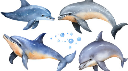 Playful dolphins illustration collection  isolated on white