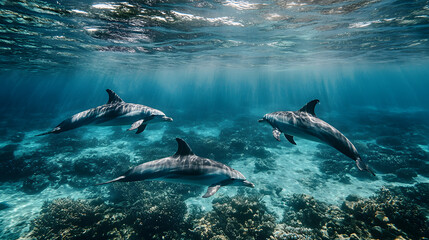 Poster - A pod of playful dolphins leaps joyfully through the crystal-clear, azure sea, their sleek bodies glistening in the sunlight