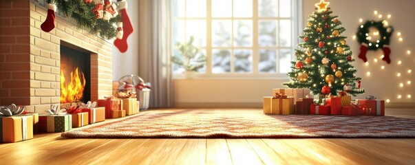 Cozy holiday living room with decorated Christmas tree, presents, and stockings hung by a glowing fireplace with a bright window view.