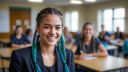 Happy mixed-race girl with colorful hair studying at school