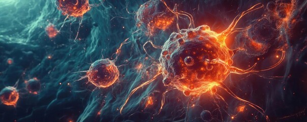 Wall Mural - microscopic view of vibrant cells with glowing details, showcasing the intricate beauty of cellular 