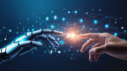 ai, machine learning, hands of robot and human touching on big data network connection background, s