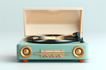 A 3D render features a vintage record player in pastel colors, showcasing intricate details. The vinyl disc rests on the turntable, set against a minimalist pastel background