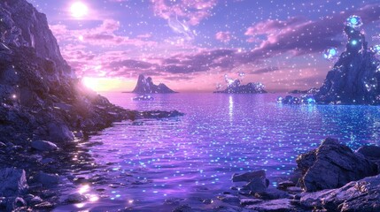 Magical Fantasy Landscape with Glowing Water and Stars