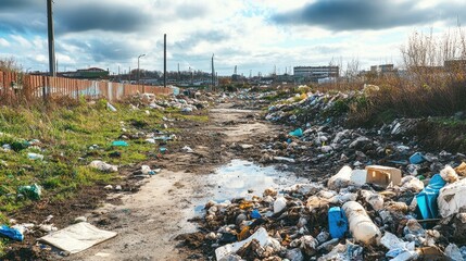 Abandoned and Polluted Urban Landscape with Trash and Waste