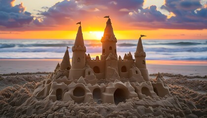 Wall Mural - Sunset view of childrens sand castle on a serene ocean beach