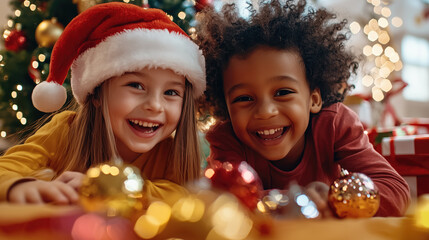 Wall Mural - Two children of different ethnicities wearing Santa hats, playing with Christmas ornaments under a glowing tree.