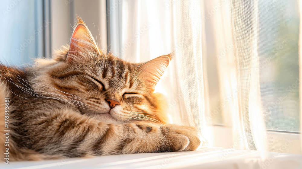 Sleeping tabby cat resting peacefully on a windowsill with soft ...