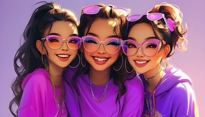 Wall Mural - Celebrating Friendship and Joy: Diverse Animated Girls in Vibrant Purple Outfits and Stylish Glasses