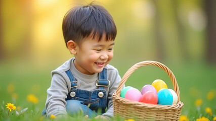 Happy little boy with easter eggs and copy space