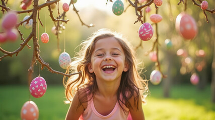 Happy girl with easter eggs outdoors