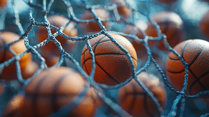 Closeup of basketballs in a net