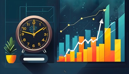 Modern clock and graph illustration symbolizing time and financial growth in a digital realm