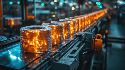 A factory conveyor belt transporting rolls of material under industrial lighting.