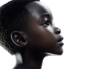 Sticker - A close-up side view portrait of an African small boy with black skin against a white background,