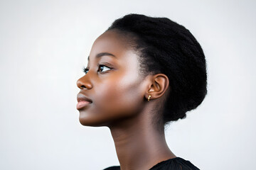 Wall Mural - Close-up side view portrait of smiling beautiful African woman with radiant dark skin isolated on white background