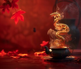 Wall Mural - A glowing golden Chinese snake made of smoke rises from the black Chinese teapot, creating an illusion that it is about to swoop down and strike. Chinese New Year greeting card, 2025 Year of the Snake