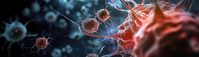 Wall Mural - close-up view of cells in a vibrant environment, showcasing intricate structures and interactions at