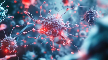 Wall Mural - close-up view of vibrant, microscopic viruses showcasing intricate details and glowing features in a