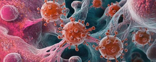 Wall Mural - colorful microscopic image of viruses interacting with cells, showcasing intricate details of cellul