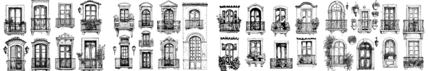 Wall Mural - Doodle collection of different size window frames and balcony facades of buildings. Architecture and outdoor design illustration set.