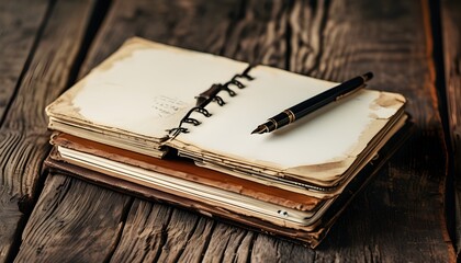 Rustic vintage notebooks and a pen on wooden surface, ideal for writing, studying, and sparking creativity