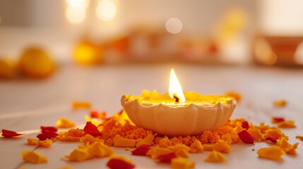 Image description: A clay diya lamp with a bright flame surrounded by flower petals on a light-colored surface, celebrating a festival of lights
festival of lights, diya lamp, indian culture