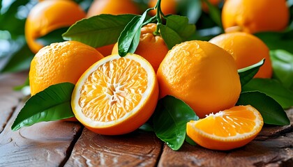 Poster - Vibrant orange fruit surrounded by lush green leaves, displaying both whole and sliced pieces, embodying a healthy lifestyle