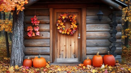 Canvas Print - Autumn Cabin Entrance with Pumpkins and Maple Wreath