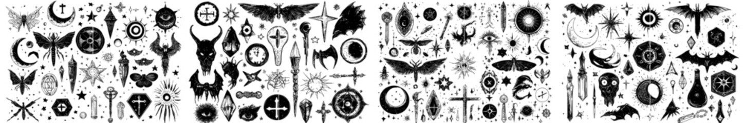 An occult symbols doodle set, including spiritual eyes, snakes, crystals, insects, and symbolic symbols for occultism.