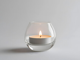 Wall Mural - Small white candle burning inside a clear glass holder mock up isolated on white background