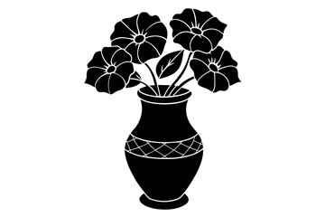 Wall Mural - Petunia vase vector linocut silhouette black vector art illustration