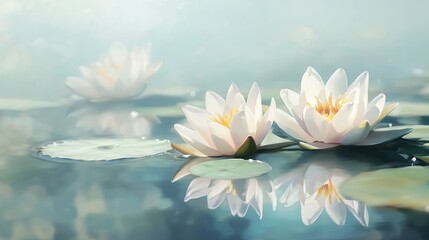 Two white water lilies bloom on a pond in the summer sunlight.