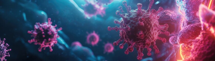 Wall Mural - vibrant digital illustration of viruses in a microscopic view, showcasing intricate details and text