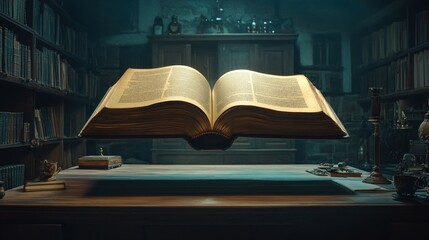 Wall Mural - A floating open book in a dimly lit, scholarly library setting.