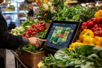 Customer Orders Produce from Digital Kiosk in Grocery Store with Fresh, Colorful Vegetables