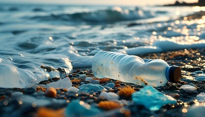 Dramatic ocean shore revealing plastic pollution, highlighting the urgent need for marine conservation and awareness of environmental impact.