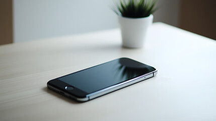 Poster - Modern smartphone lies on a wooden tabletop, with empty black screen. 