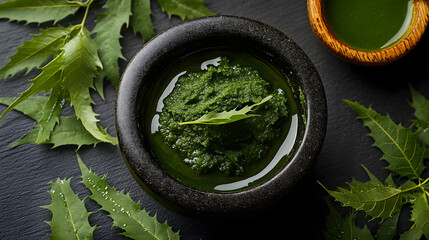 Fresh neem leaves crushed in a mortar and pestle, surrounded by neem paste and juice