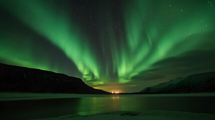 Wall Mural - the northern lights at the night sky with vibrant hues of green, purple glowing