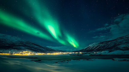 Wall Mural - the northern lights at the night sky with vibrant hues of green, purple glowing